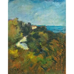 Arturo Tosi, Oil On Cardboard "landscape," Signed, 1920