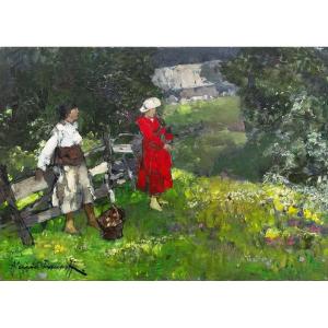 Alessio Issupoff, "at The Park," Oil On Panel, Signed, 1900s Era