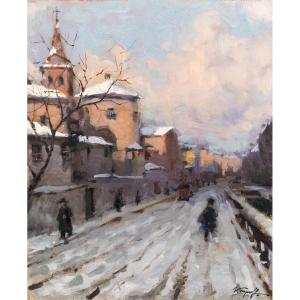 Ivan Karpoff, "snow In Town," Oil On Panel, Signed, 1900s Era