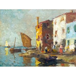 Eugenio Bonivento, "Maisons de pêcheurs - Venise", huile sur panneau, signée, Début du 20e sièc