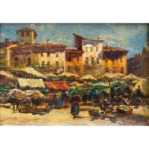 Leonardo Roda, "market Scene," Oil On Panel, Signed, Early 20th Century