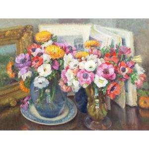 Giuseppe Sobrile, « Vases De Fleurs », Huile Sur Carton Pressé, Signé, 1952