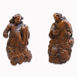Paire De Sculptures Murales En Bois, « Scènes Religieuses », époque XVIIe Siècle