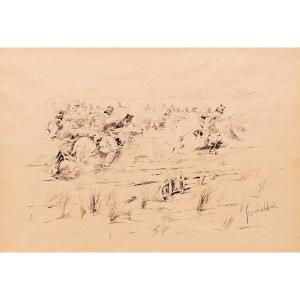 Giovanni Fattori, « Charge à Cheval », Encre De Chine Sur Papier, Signé, XIXe Siècle