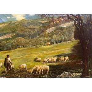 Gino Federici, « Berger Avec Son Troupeau », Huile Sur Toile, Signée, 20e Siècle