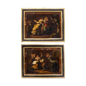 Paire d'Aquarelles Anciennes, « Baruffe », XVIIIe Siècle