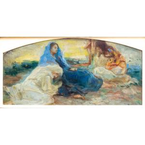 Antonio Piatti, “stabat Mater,” Oil On Cardboard, Signed, 1918