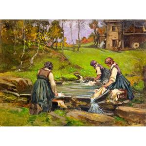Mario Gachet, « Lavandières », huile sur panneau, signée, 20e siècle.