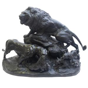 Edmond Masson, « Groupe de lions », bronze, signé, milieu du XIXe siècle