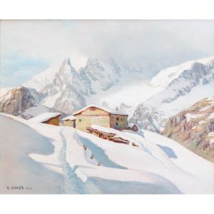 Angelo Abrate, « Moment hivernal à La Suche - Courmayeur », huile sur panneau, signée, 1949