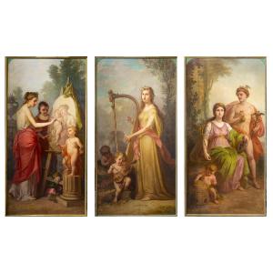 Domenico Mossello, Triptych “cycle Of The Arts,” Oil On Canvas, Signed, 1874