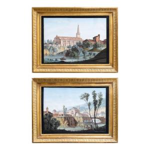 “river Views With Monumental Architecture,” Watercolor On Paper, 19th Century