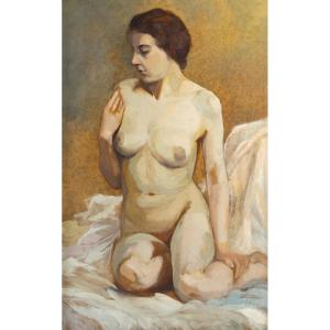 Roger Durieu, Female Nude, Oil On Panel, 20th Century