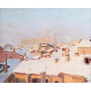 “snowfall On The Roofs Of Milan,” Oil On Canvas, 20th Century