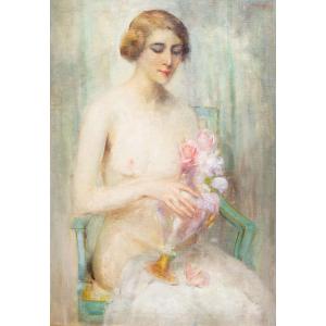 Luigi Serralunga, Figure féminine aux fleurs, Huile sur toile, Fin du XIXe siècle – Début du XX