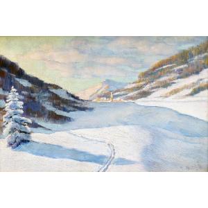 Angelo Abrate, « De retour de Montgenèvre », huile sur bois, signée, 1925
