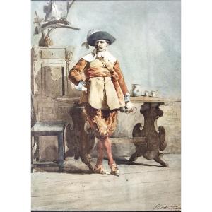 Giulio Viotti, « Gentilhomme », aquarelle sur papier, signée, 1873
