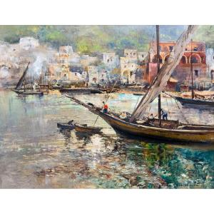 Guido Odierna, "port Of Capri," Oil On Canvas, Signed, 20th Century