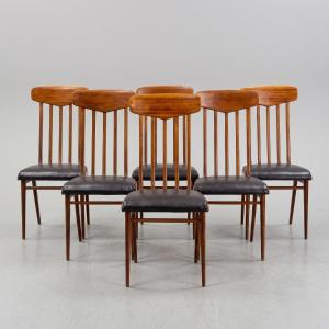 Set Of 6 Designer Chairs, In Mahogany And Sky, 1950s