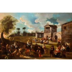 Flemish Painting, Oil On Canvas, "genre Scene," 18th Century