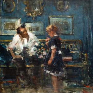 Luca Postiglione, « Scène d'intérieur », huile sur toile, signée, début du XXe siècle