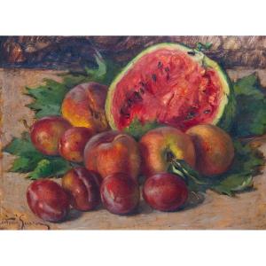 Vittorio Gussoni, « Nature morte aux fruits », huile sur bois, signée, XXe siècle