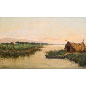 Alberto Cecconi, « Paysage fluvial », huile sur toile, années 1940