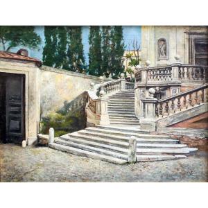 "Escalier à Rome", huile sur toile, par Pio Joris, signé en bas à gauche, fin du 19ème siècle