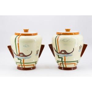 Pair Of Vases, Art Deco, Faenza Ceramics, "venice", 1930s