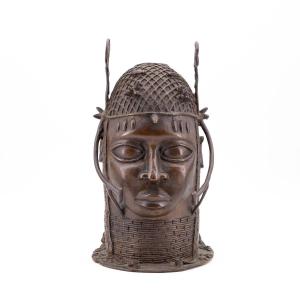 African Bronze Sculpture, "man's Head With Headdress", Period Mid-20th Century