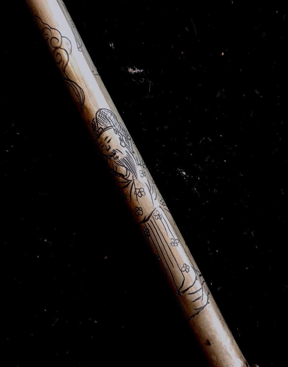 Fine Pipe Au Poing De Femme, Pour l'Opium, Ciselée, Fin XIXème, Métal Et Bambou-photo-3