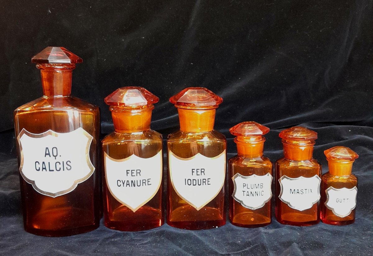 Lot Of 6 Pharmacy Bottles In Brown Blown Glass Late Nineteenth