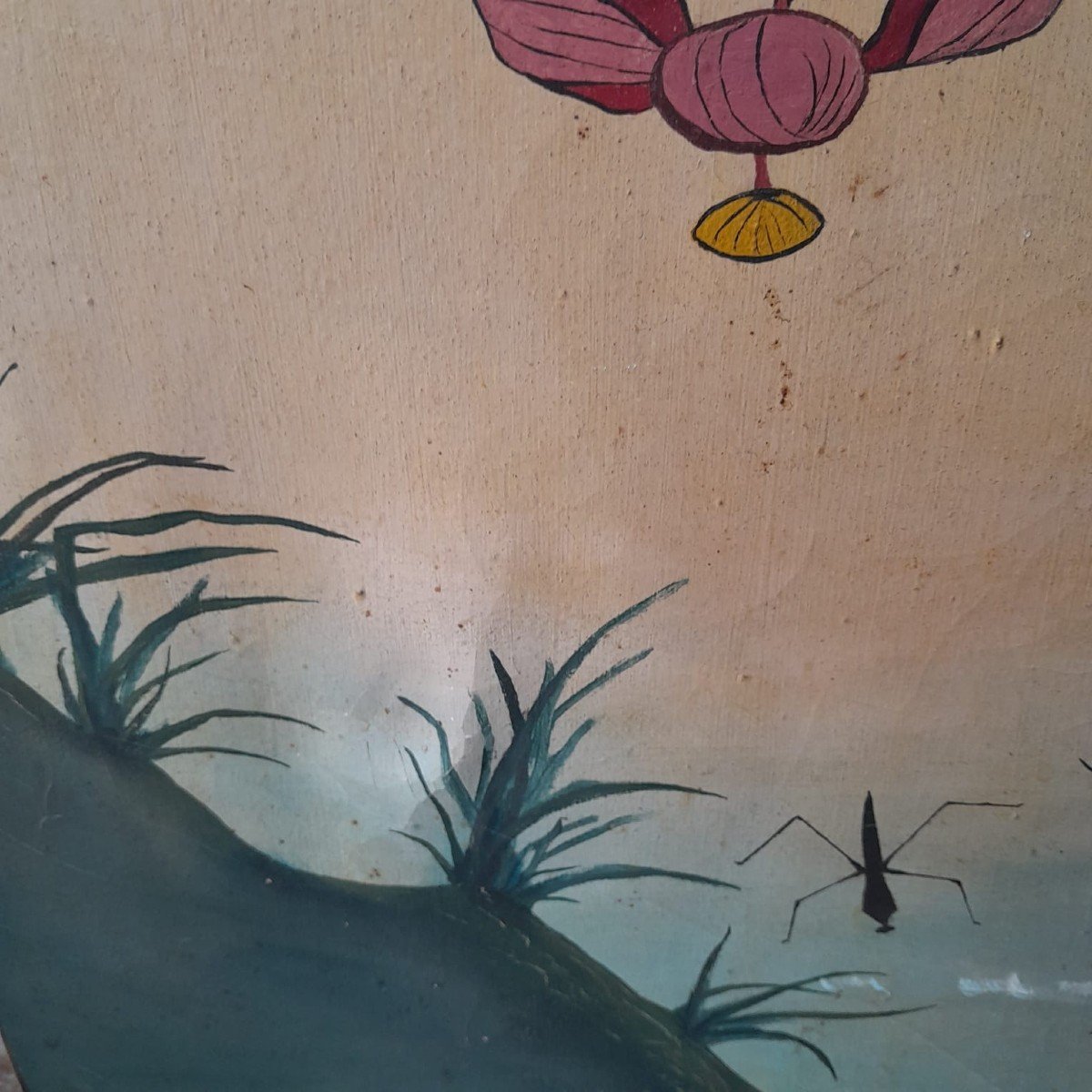 Oil On Canvas, Lilies And Kingfishers, Naive Art, 20th Century-photo-3