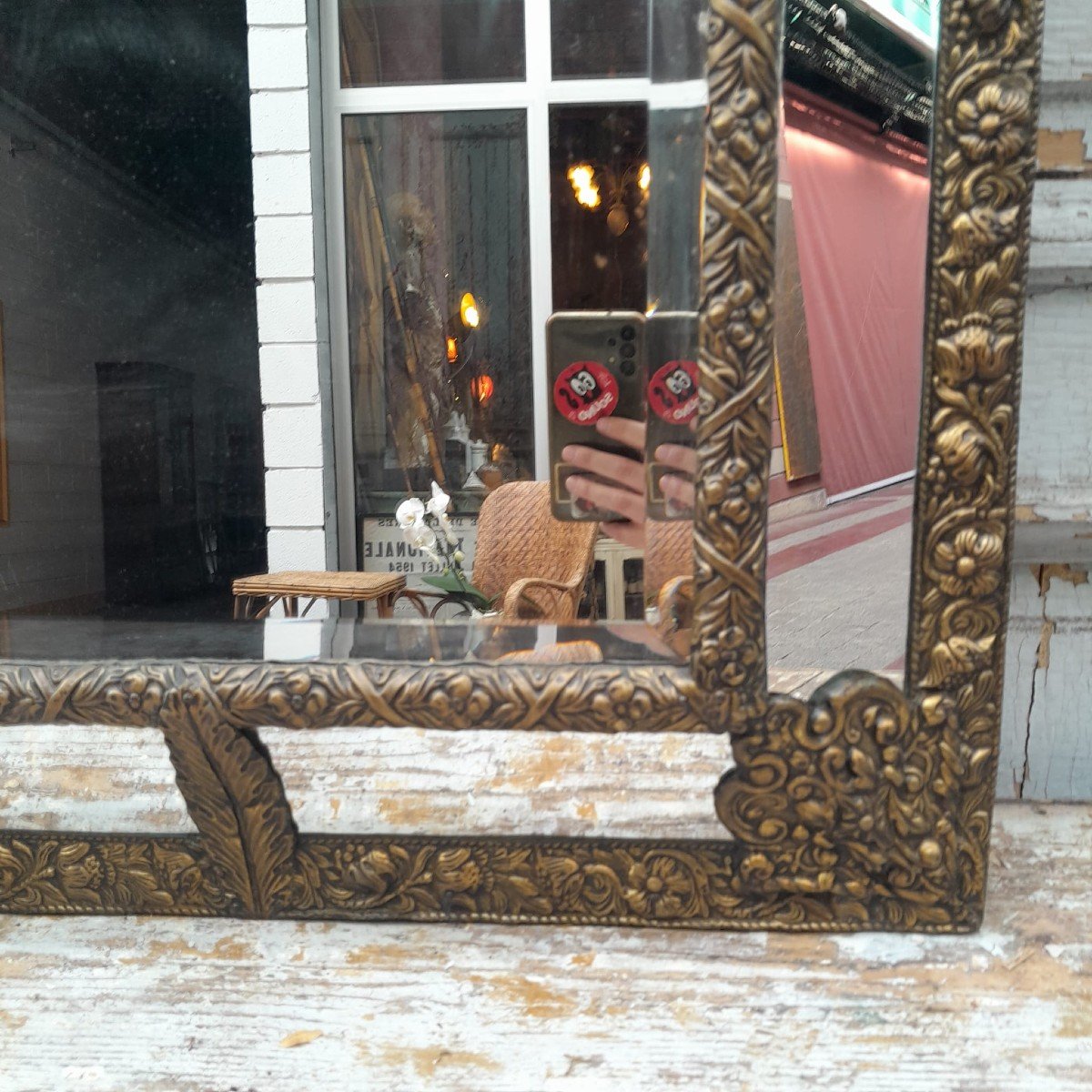 Large Napoleon III Embossed Brass Beaded Mirror, With Lion's Head-photo-4