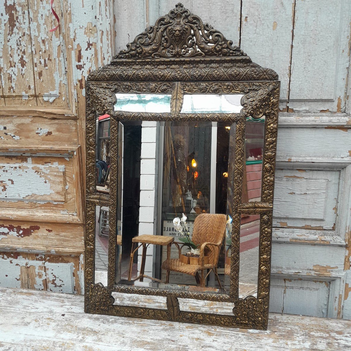 Large Napoleon III Embossed Brass Beaded Mirror, With Lion's Head