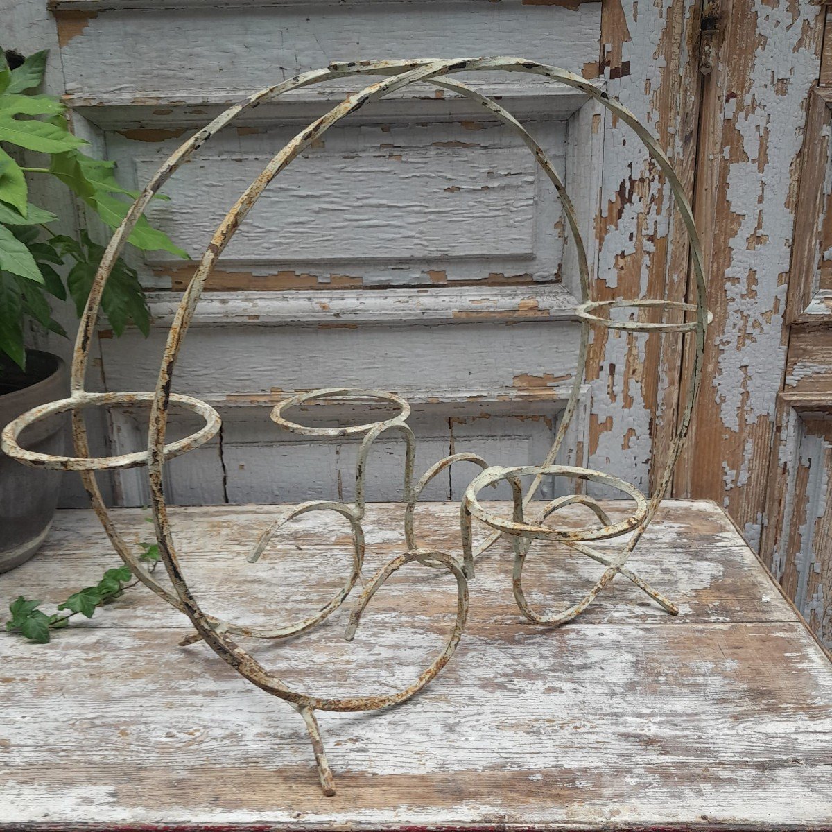 Présentoir à Fleurs, En Fer Forgé Torsadé, Blanc Patiné, 1ère Moitié XXème-photo-1