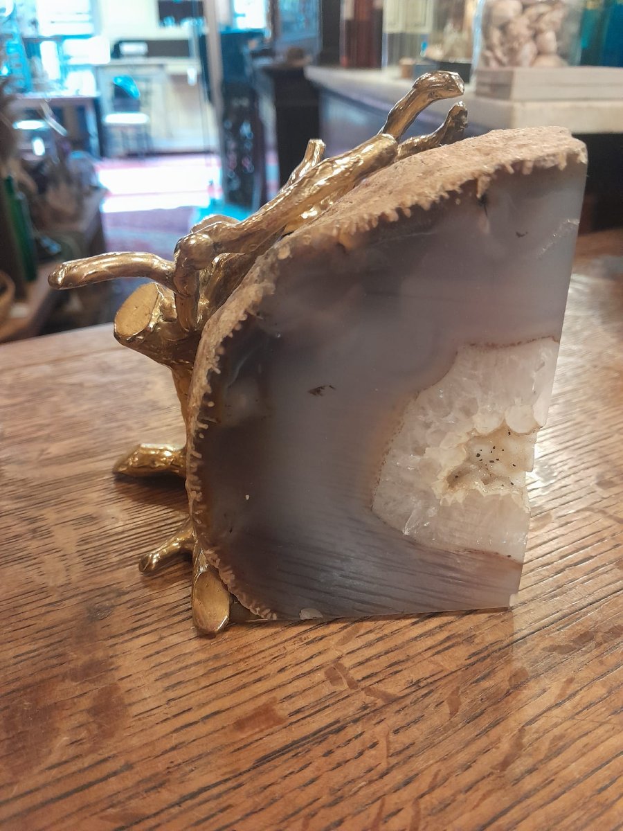 Morceau de géode d'agate polie et corail en bronze doré-photo-4