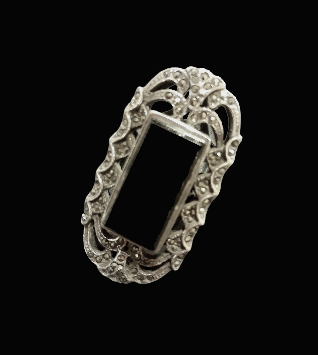 Large Art Deco Ring, 925 Silver, Onyx And Marcasite-photo-3