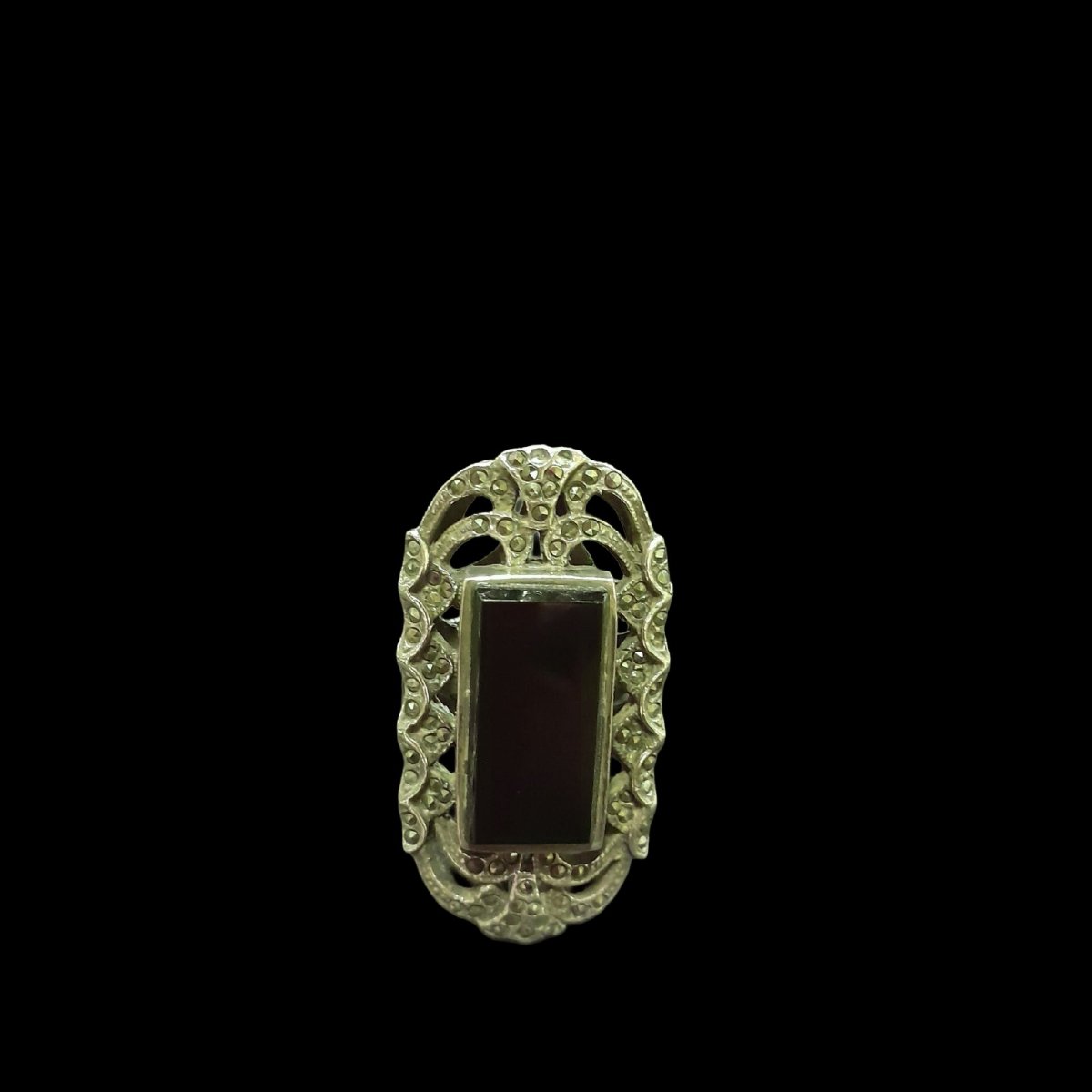 Large Art Deco Ring, 925 Silver, Onyx And Marcasite-photo-1