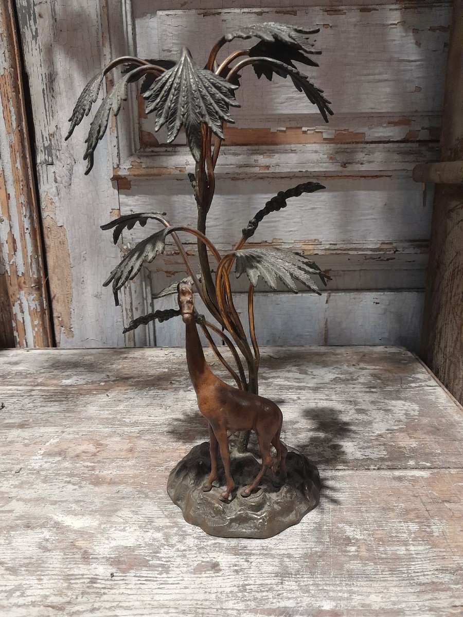 Ensemble ornemental, Girafe et palmiers, bronze,  début XXÈME