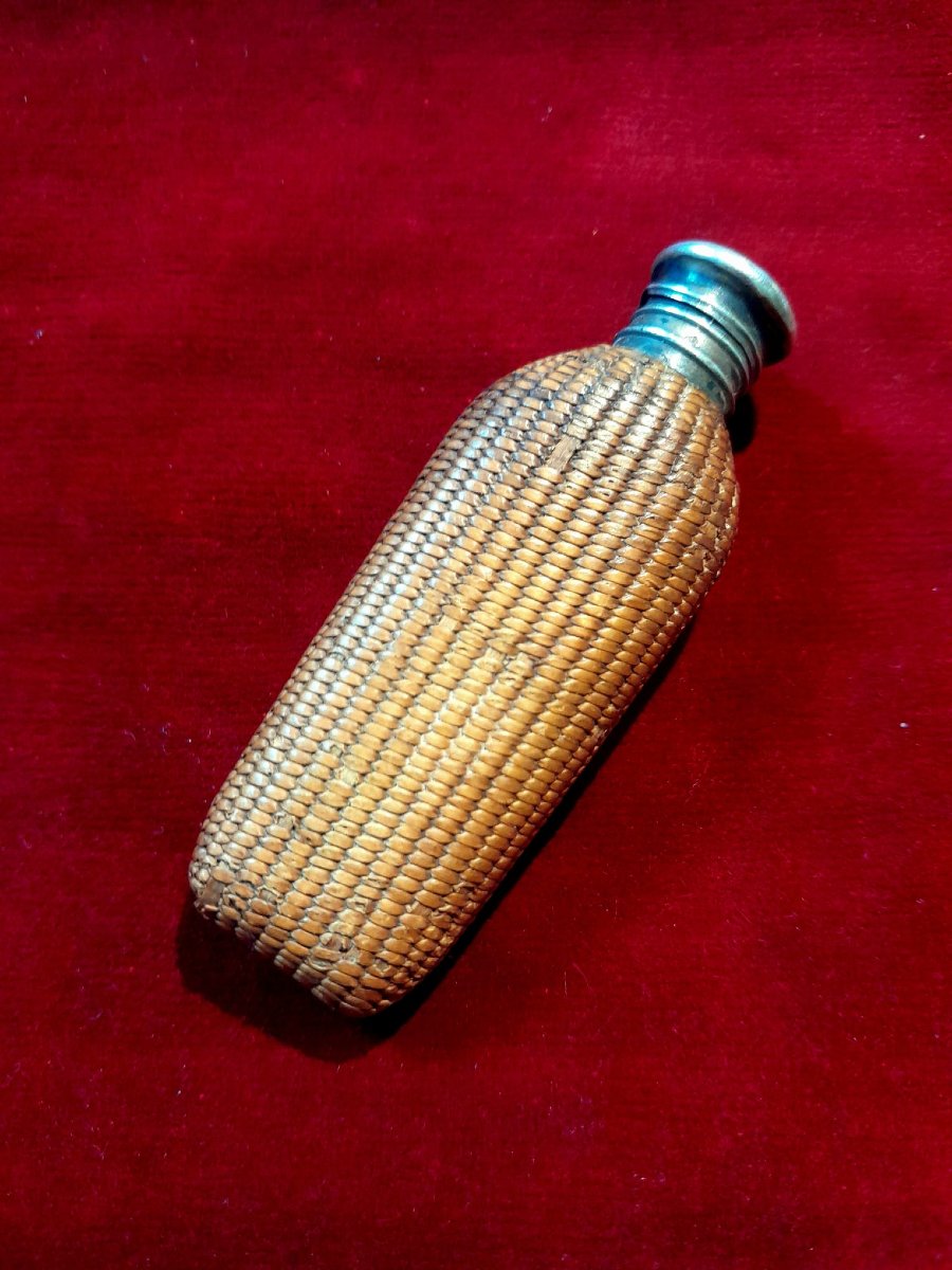 Salt Or Perfume Bottle, Wickerwork, Glass And Silver, 19th Century-photo-2