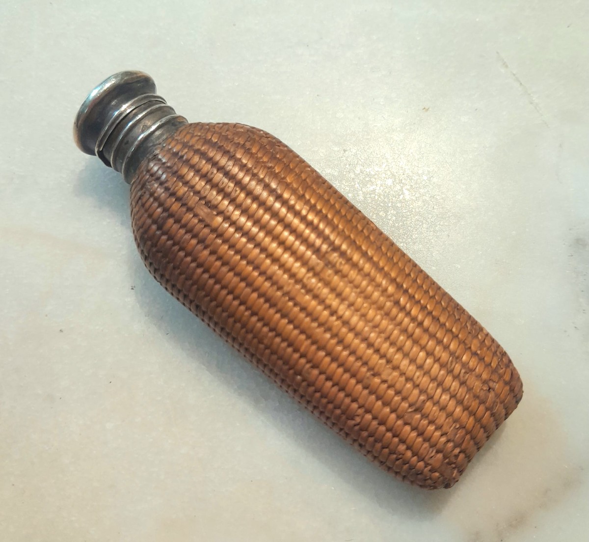Salt Or Perfume Bottle, Wickerwork, Glass And Silver, 19th Century