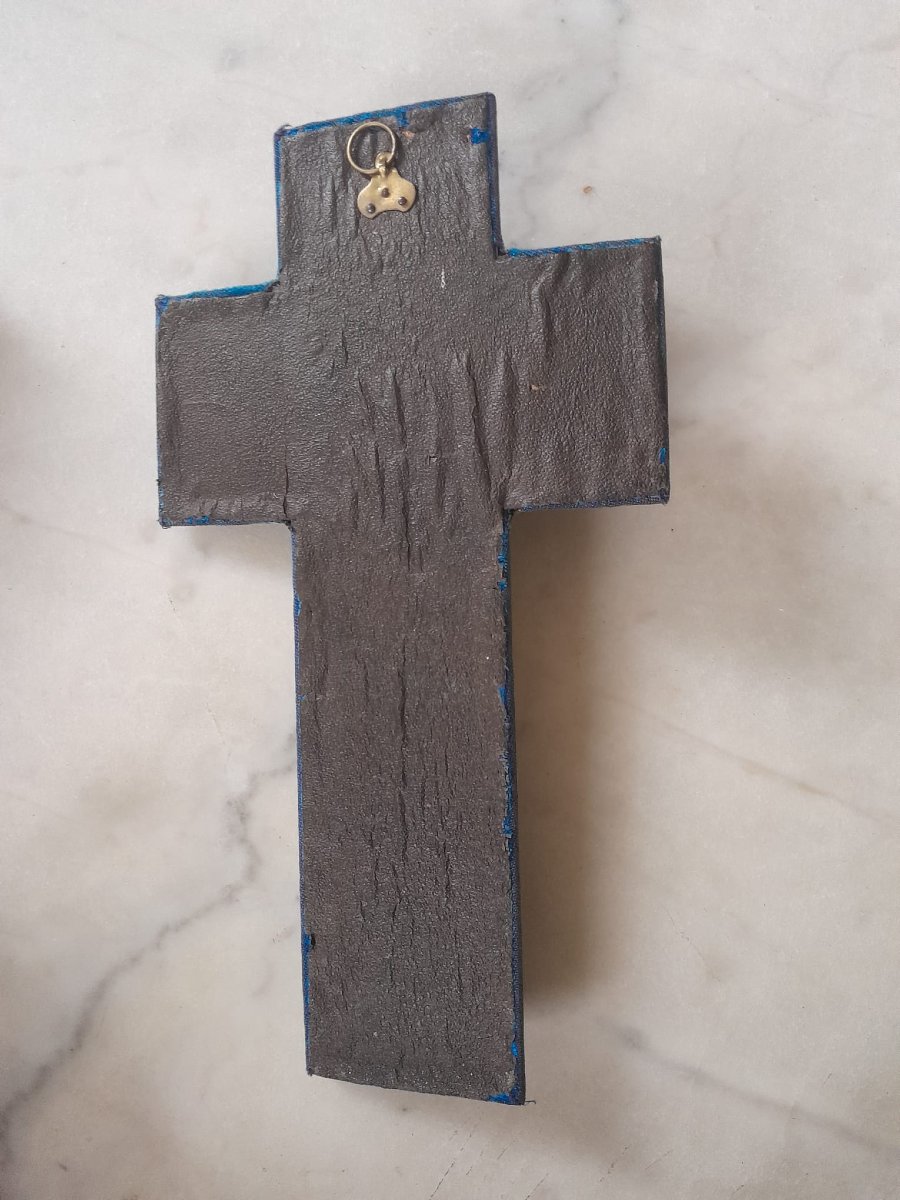 Crucifix mural galalithe et velours bleu, XIXÈME, Napoléon III-photo-2