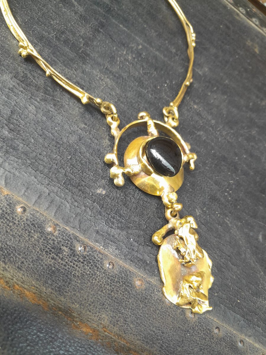 Collier brutaliste 70s bronze, laiton et obsidienne-photo-3
