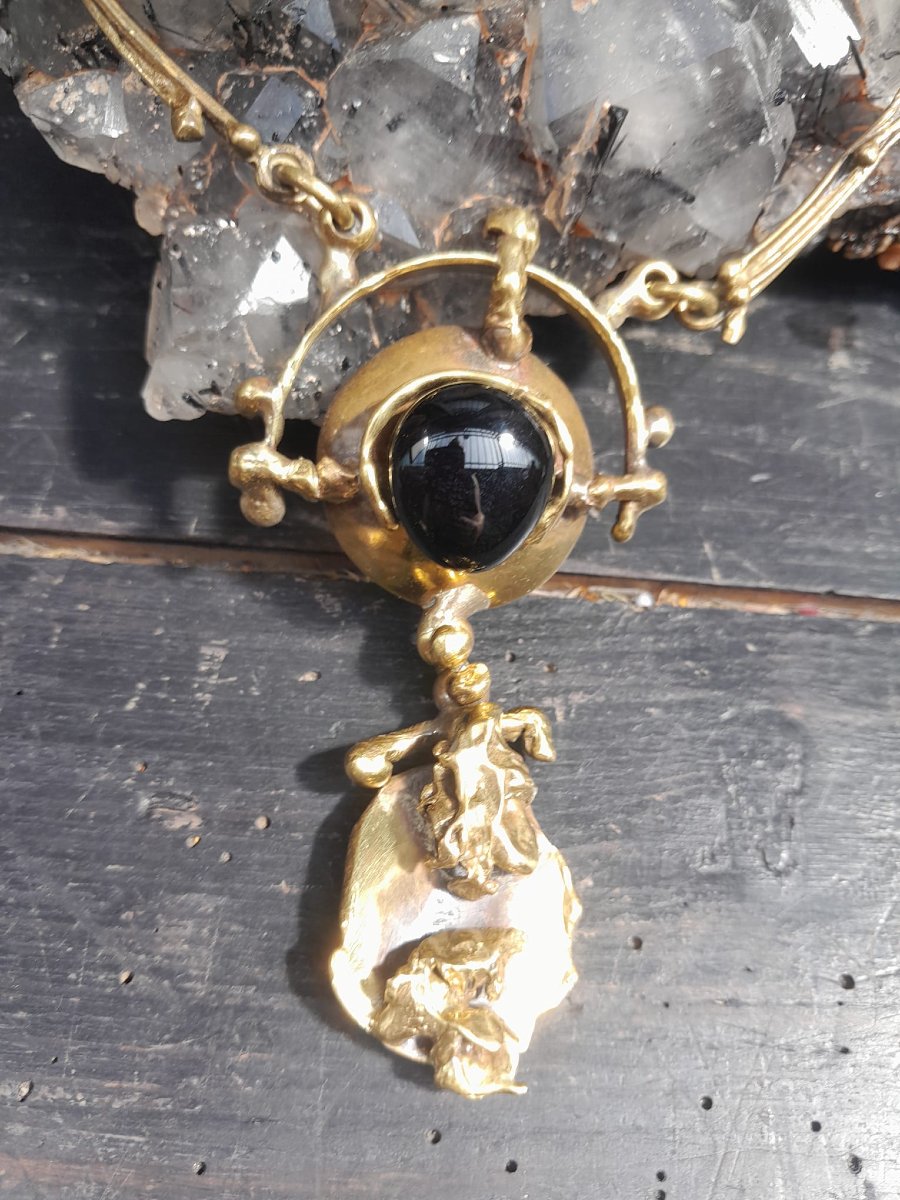 Collier brutaliste 70s bronze, laiton et obsidienne-photo-1
