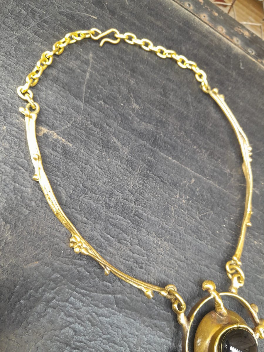 Collier brutaliste 70s bronze, laiton et obsidienne-photo-2