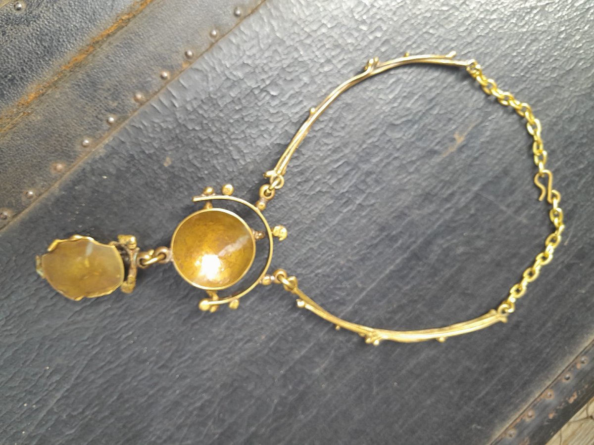 Collier brutaliste 70s bronze, laiton et obsidienne-photo-3