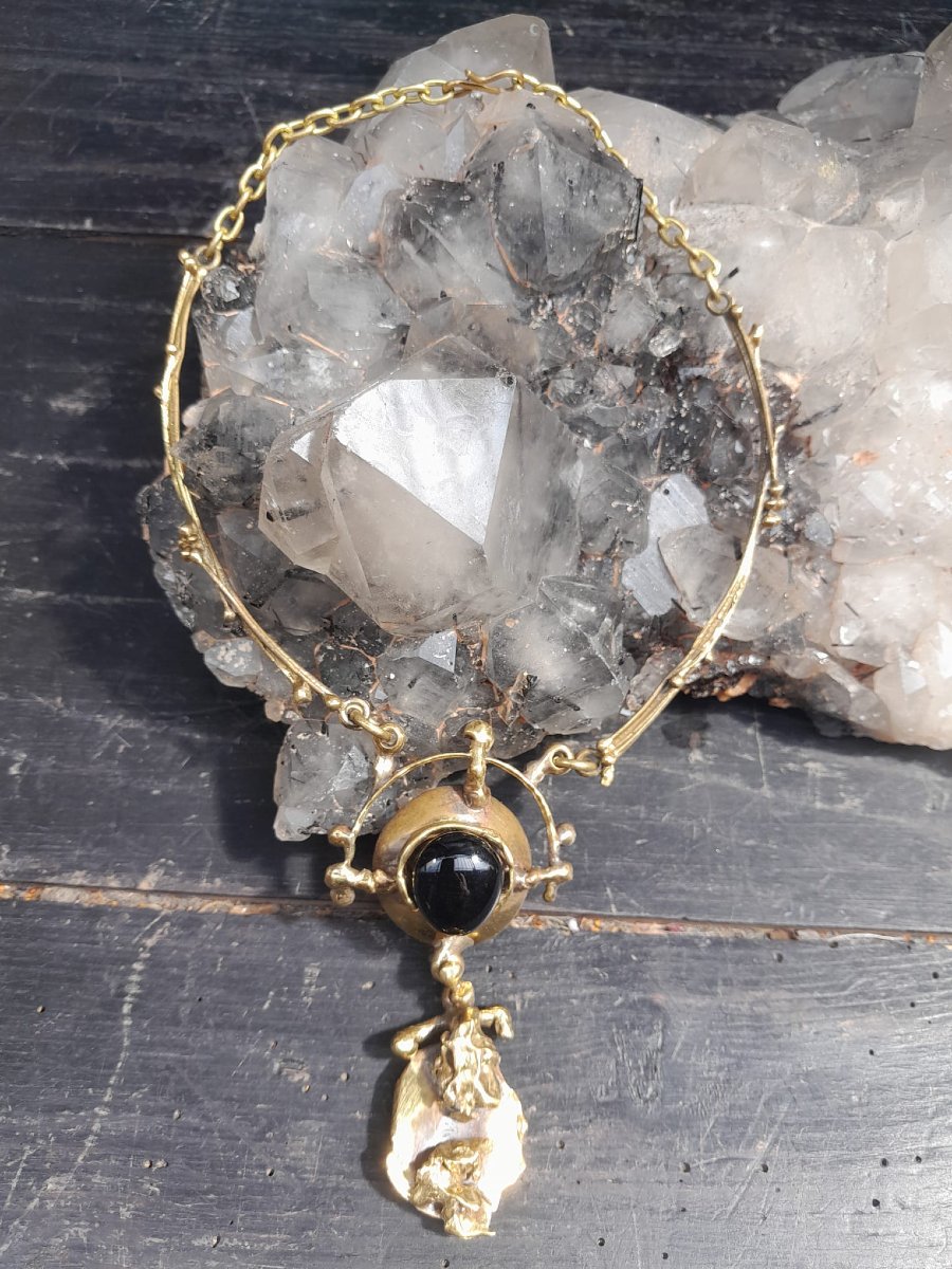 Collier brutaliste 70s bronze, laiton et obsidienne