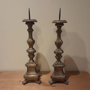 Pair Of Candlesticks, 18th Century, Silvered Wood