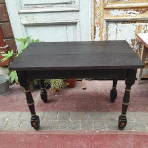 Napoleon III Blackened Wood Table. Turned Feet Enhanced With Gold Edging And Golden Stars